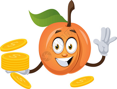 卡通青杏杏与在白色背景上银行水果甜点投资金子硬币金融小吃货币杏子设计图片