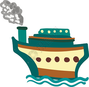 棕色和蓝色蒸汽船船舶矢量或颜色图示插画