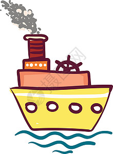 黄色三层蒸汽船矢量或彩色图案插画