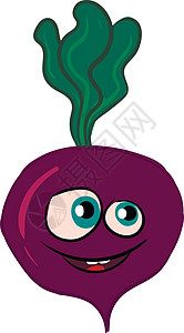 当归根茎矢量说明 一个微笑的紫色甜甜菜和绿色叶子设计图片