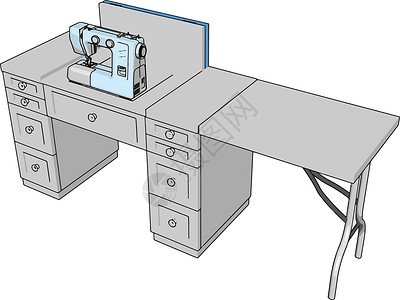 缝纫机工作3D 工作桌上缝纫机的三维矢量插图 hh裁缝白色机器木头工艺桌子创造力女裁缝剪裁商业插画