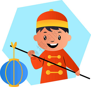 可爱的卡通漫画中国男孩矢量在背景上的开场白微笑男性乐趣卡通片戏服插图国家孩子们庆典文化背景图片