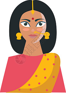 海尔维提卡传统和美丽的印度女性的向量或颜色病理玫瑰插图打印黄色配件戒指鼻子衬衫耳环绘画插画