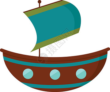 一艘棕色帆船和一面悬挂的蓝色旗帜 上面有两个绿色背景图片