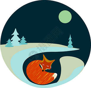 睡着的狐狸矢量或彩色图案黑色绘画森林野生动物红色捕食者荒野猎人动物月亮背景图片