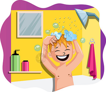 洗发水泡沫快乐的男孩在白色背景上用洗澡插图矢量插画