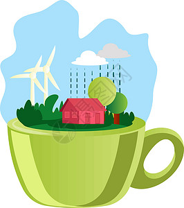 杯子里的风车绿色杯子和自然在上图插图vecto上的说明插画