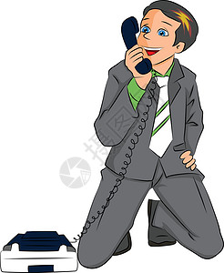 跪着罪犯拿着电话听筒的惊讶商务人士的矢量图设计图片