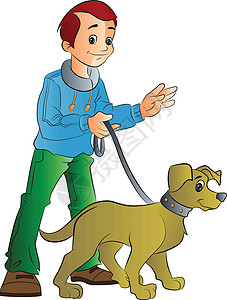 男人遛狗插画白色艺术品男性犬类孩子插图绘画动物青少年宠物背景图片