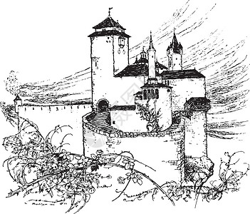 葡萄园城堡但是在城堡周围 开始长出一对棕色玫瑰树篱插画