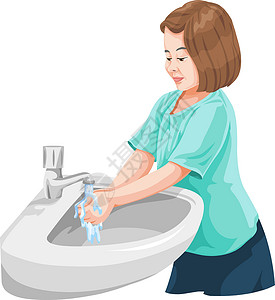洗手关龙头女孩在洗手盆洗手的载体插画