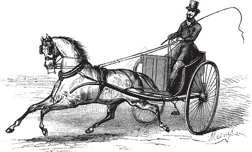 车夫座由一匹马绘制的 2 轮手推车复古雕刻插画