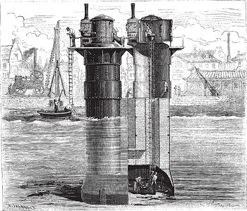 水利用利用压缩空气S建造Tay桥的界柱石插画