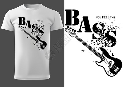支离破碎的印有音乐标语和贝司吉他的 T 恤绘画节日音乐家流行音乐吉他艺术口号重金属风格低音插画