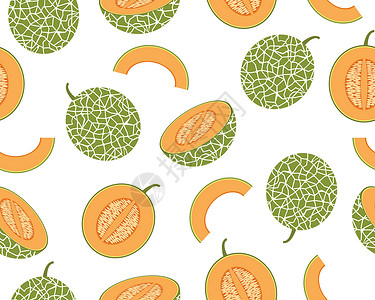 白色背景下的水果白色背景下新鲜哈密瓜的无缝图案-矢量图解插画
