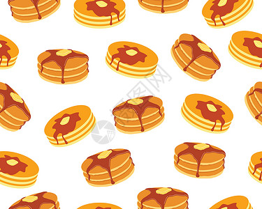 麦芽糖浆白色背景上黄油和枫糖浆甜煎饼的无缝图案插画