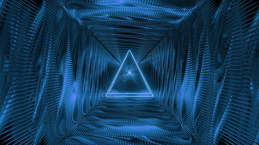 带有金属背景3D壁纸的神圣三角形铁丝网框架设计图案渲染三角形线人工制品神话蓝色插图3d宗教墙纸隧道背景图片