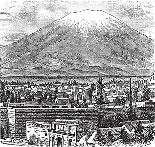 阿雷基帕和米斯蒂火山旧1890建筑艺术火山打印殖民旅游地区首都雕刻建筑学插画