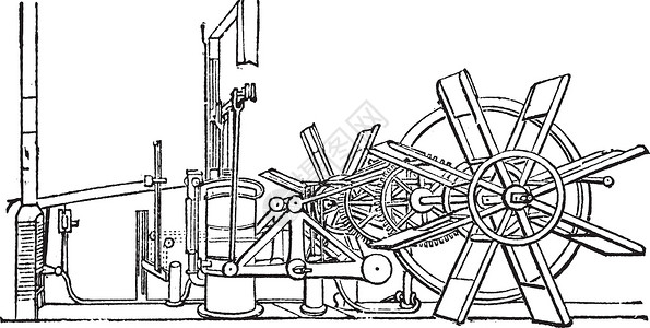 明轮蒸笼克莱蒙蒸汽船明轮装置复古雕刻发明艺术打印桅杆汽船工程插图车轮导航运输插画