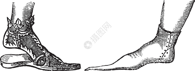 普林节桑地和普林古代雕刻丁字裤凉鞋古董插图木头蕾丝鞋匠制鞋艺术品钙质插画