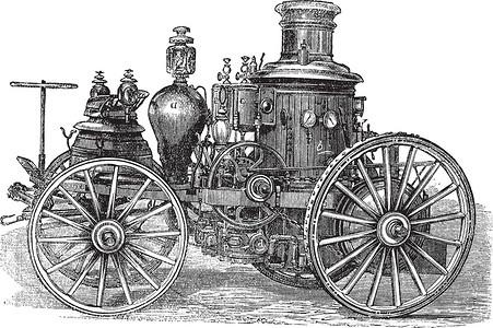 引擎Amoskeag 蒸汽动力消防车复古雕刻机械化工艺古董蚀刻草图历史绘画轮子艺术机械插画