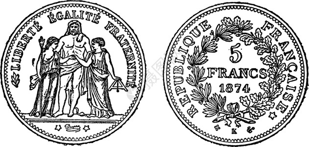 一块银币 5 法郎复古雕刻金融圆形古董白色硬币银行业经济蚀刻财富商业背景图片