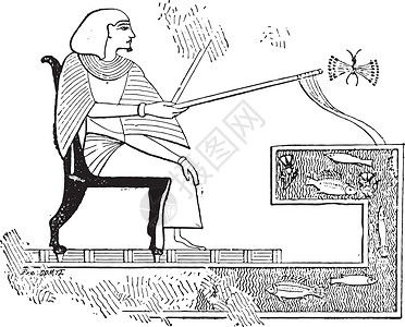 坐着钓鱼的人埃及人在他的花园里钓鱼复古版画插画