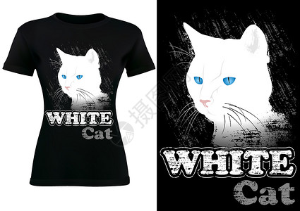水彩猫白色猫的黑色T恤衫设计设计图片