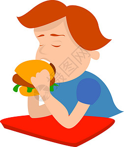 双层牛肉堡男孩吃起司汉堡 插图 白背角的矢量插画