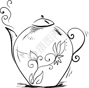 单丛茶茶壶在白色背景上菜单咖啡饮料黑色食物餐厅卡通片收藏草图涂鸦插画