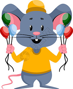 拿着气球老鼠鼠标带有气球 插图 白底矢量插画