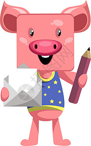 带笔和信封的猪 插图 白背角上的矢量设计图片