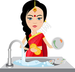 洗碗妇女白色 bac 上的印度妇女洗碗插画
