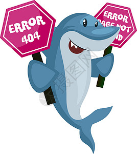 鳍状肢带有404个错误符号 插图和白色背状矢量的鲨鱼插画