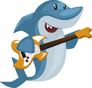 带吉他 插图和白底矢量的鲨鱼背景图片