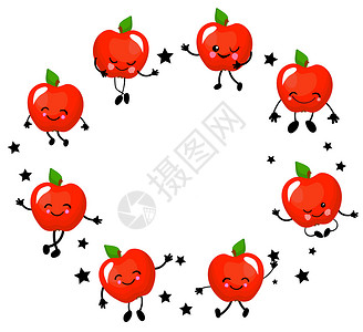 圆嘟嘟的脸苹果字符 有脸和笑容的有趣的水果 圆红色苹果花圈插画