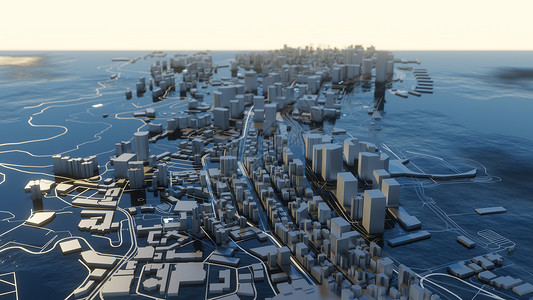 3d天空素材3D 插图 阳光明媚的未来城市景观天空市中心盒子反射全景房子蓝色建筑师办公室背景