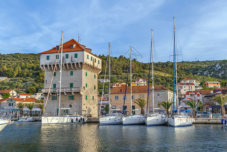 克罗地亚Marina的四方形塔背景