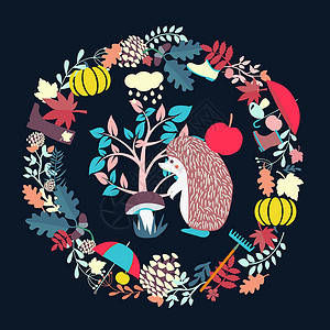 edgehog 和 fautumn 森林元素 秋季概念怡乐思涂鸦风格树叶装饰花园靴子松果叶子手绘卡通片背景图片
