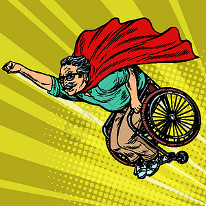 坐在轮椅上残疾的退休超级英雄 老年人健康长寿诊所英勇漫画祖父母药品护理流行音乐领导艺术长老背景图片