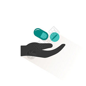 手和药丸 带有米色阴影的平面图标 它制作图案药房和医学载体背景图片