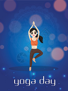 瑜伽日庆祝海报或传单设计与卡通人物背景图片