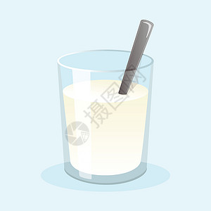 装有糖和勺子的新鲜牛奶杯 矢量插图插画