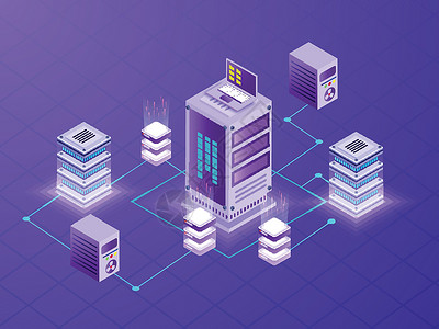 与主服务器和 la 连接的本地服务器的插图中心海报硬件紫色电脑安全展示互联网贮存公司设计图片