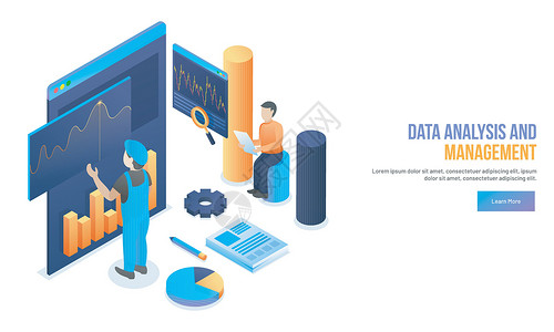 饼状分析具有等距图案的数据分析和管理概念屏幕网络网页营销信息公司放大镜图表饼形金融插画
