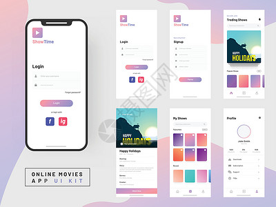 手机电影响应式移动应用程序或网站 wi 的在线电影应用程序 UI 套件体验界面技术材料触摸屏设计电子商务部件屏幕用户界面设计图片