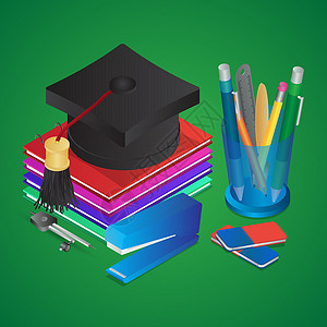 戴毕业帽铅笔诸如毕业之类的教育要素的截分图插图;设计图片