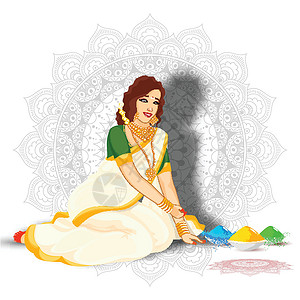 印度快乐女孩美丽的印度女人坐着的姿势 配满满满满满的彩色碗设计图片