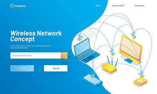 守护蔚蓝报名中基于无线网络概念的着陆页设计与等距设计图片