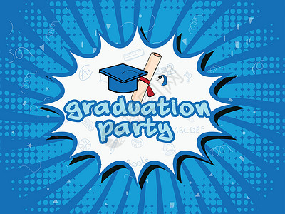 毕业党海报或模板设计 用 Il 制作纪念日话框卡片赞扬舞会知识学生插图帽子蓝色背景图片